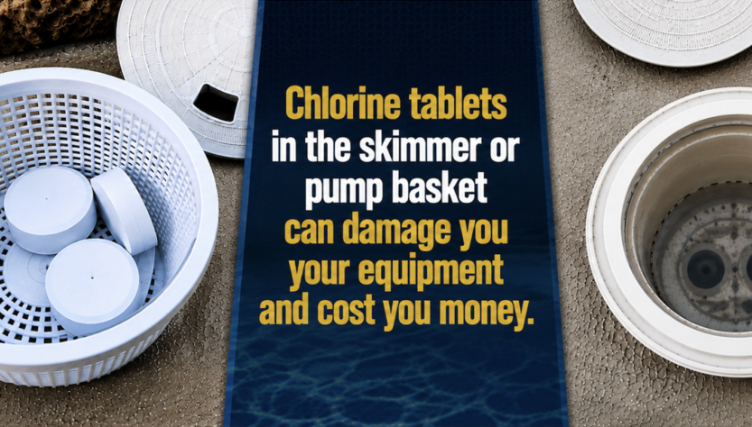Pool pump basket with chlorine tablets showing how improper chlorine placement can damage pool plumbing, equipment, and pool surfaces.