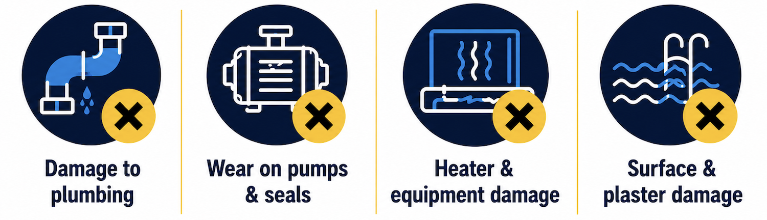 Chlorine tablets placed in a pool skimmer and pump basket can damage plumbing, pumps, heaters, and pool equipment over time.