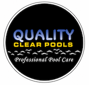 Quality Clear Pools logo featuring blue and yellow lettering with Professional Pool Care tagline inside a black circular badge.