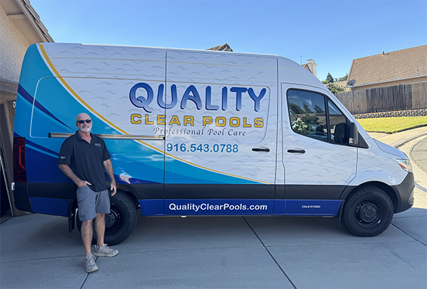 Jeffery Johnston, founder of Quality Clear Pools, standing beside the company’s branded pool service van in Lincoln, California