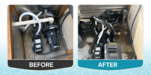 Before-and-after pool equipment pad installation with filter and Jandy automation system